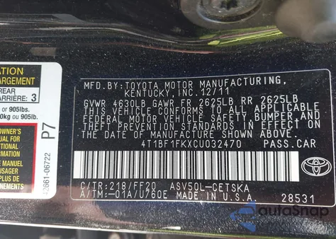 2012 Toyota Camry Se из США, поврежденный, VIN 4T1BF1FKXCU032470